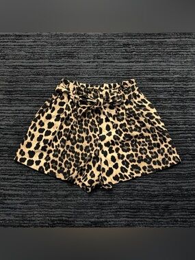 Zara Leopard Print Elastic Waist Tie Belt High Rise Pleated Shorts